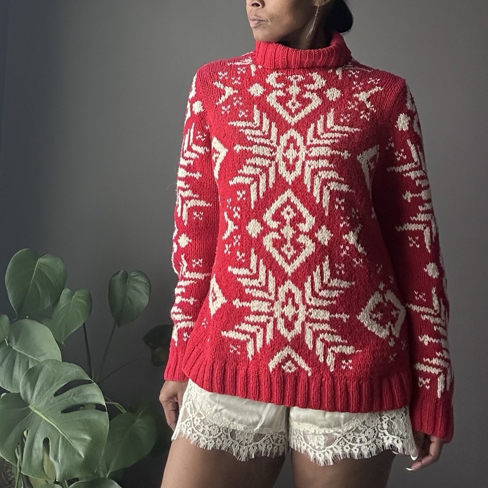 Lands‎ End Chunky Knit Snowflake Turtleneck Sweater Womens Large Red Wool Blend